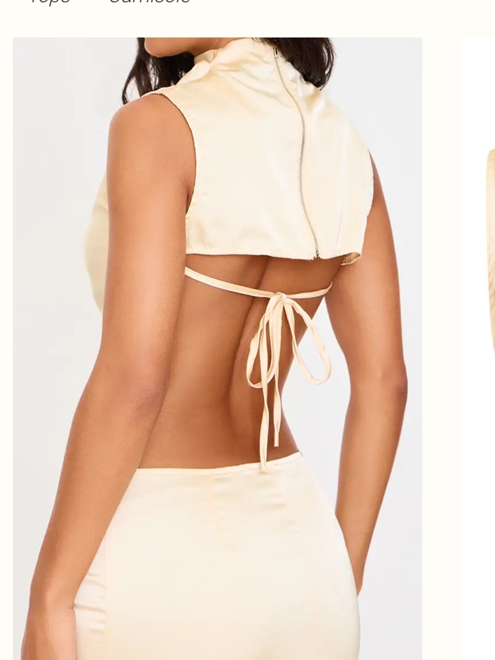 PrettyLittleThing Cream Satin High Neck Tie Back Camisole Top and maxi skirt set